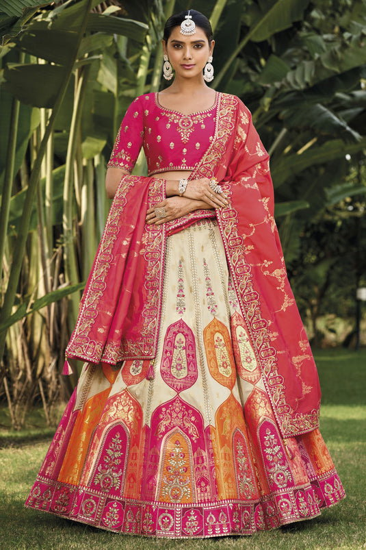 Banarasi Silk Fabric Off White Color Riveting Lehenga With Jacquard Work