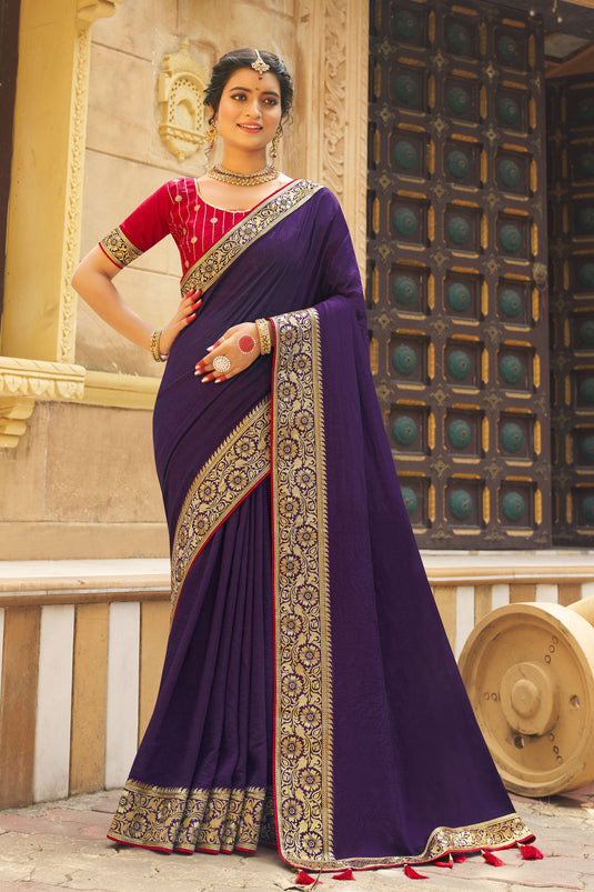 Excellent Banglori Silk Fabric Purple Color Saree With Border Work