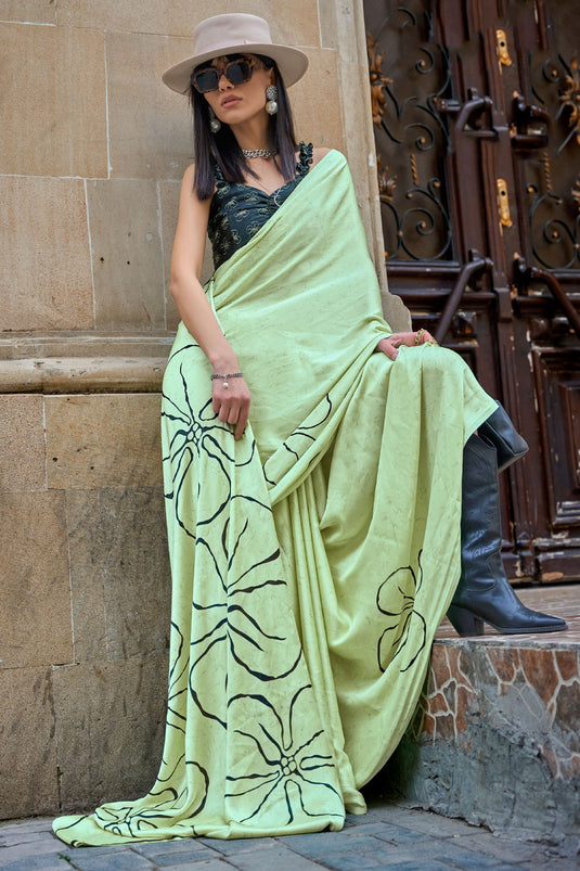 Attractive Printed Satin Crepe Silk Saree In Sea Green Color