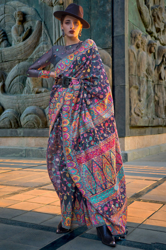 Charming Grey Color Organza Fabric Saree With Weaving Work