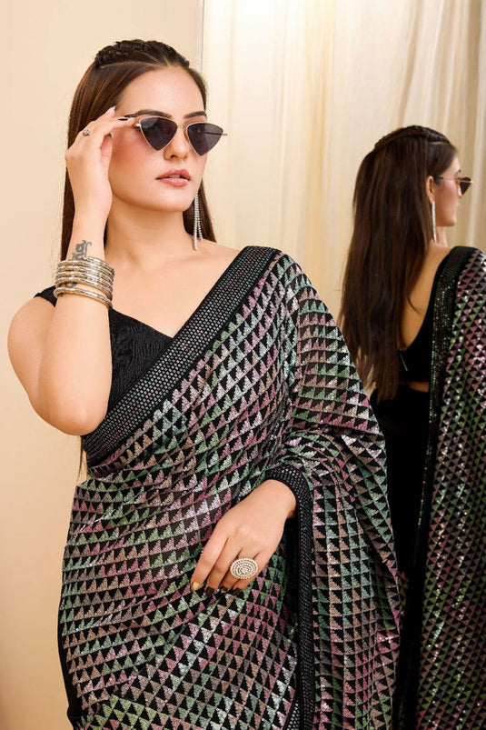 Heavy Georgette Fabric Sequins Work On Black Color Saree