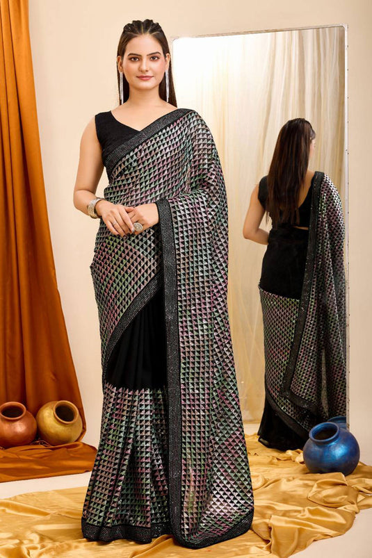 Heavy Georgette Fabric Sequins Work On Black Color Saree