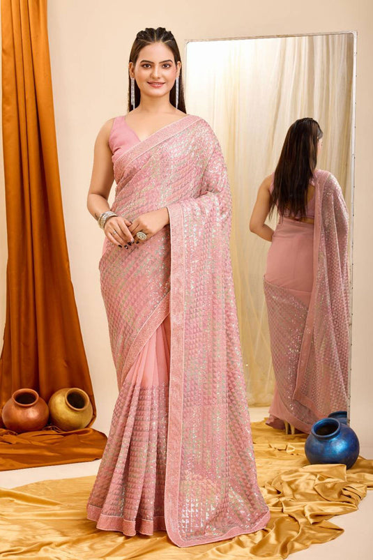 Georgette Fabric Sequins Work On Pink Color Amazing Saree