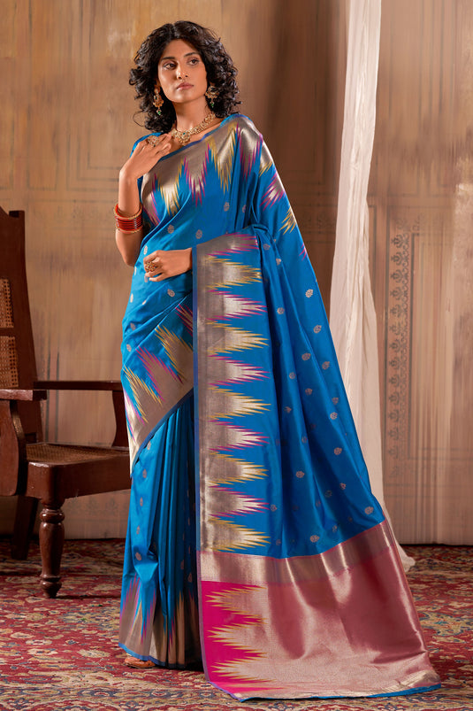 Blue Color Banarasi Silk Fabric Festive Wear Luminous Saree