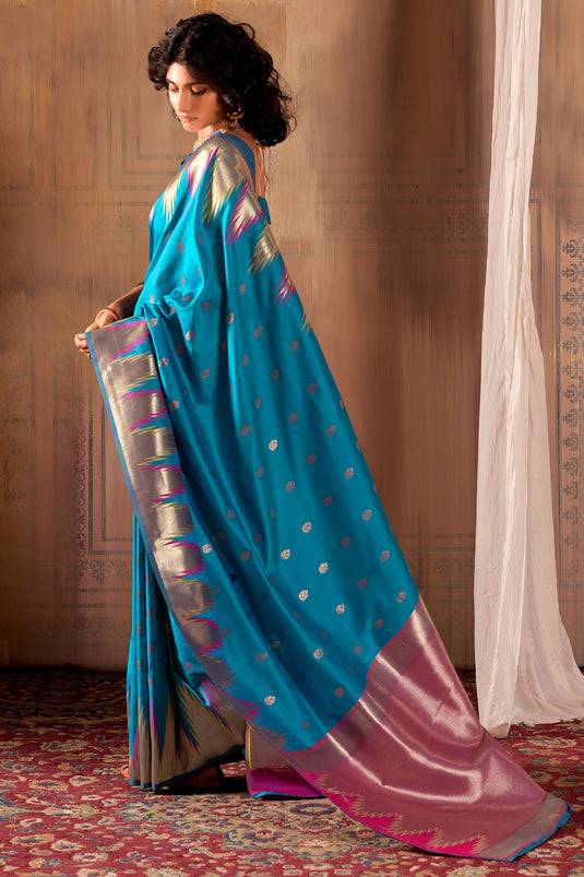 Banarasi Silk Fabric Festive Wear Vintage Saree In Teal Color