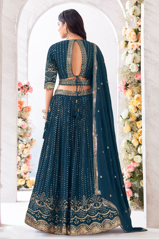 Function Wear Georgette Fabric Teal Color Magnificent Readymade Lehenga