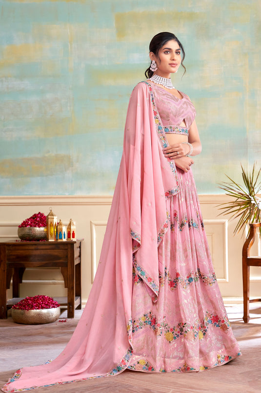 Pink Color Function Wear Georgette Fabric Incredible Readymade Lehenga