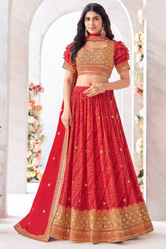 Red Color Georgette Fabric Function Wear Miraculous Readymade Lehenga
