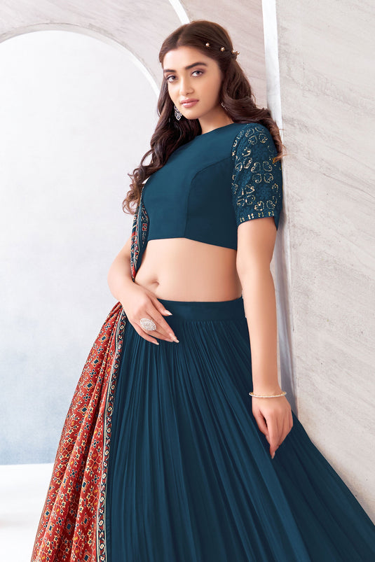 Georgette Fabric Function Wear Luxurious Readymade Lehenga In Teal Color