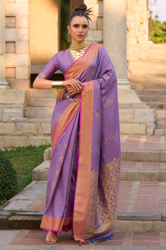 Weaving Work On Captivating Art Silk Fabric Saree In Lavender Color