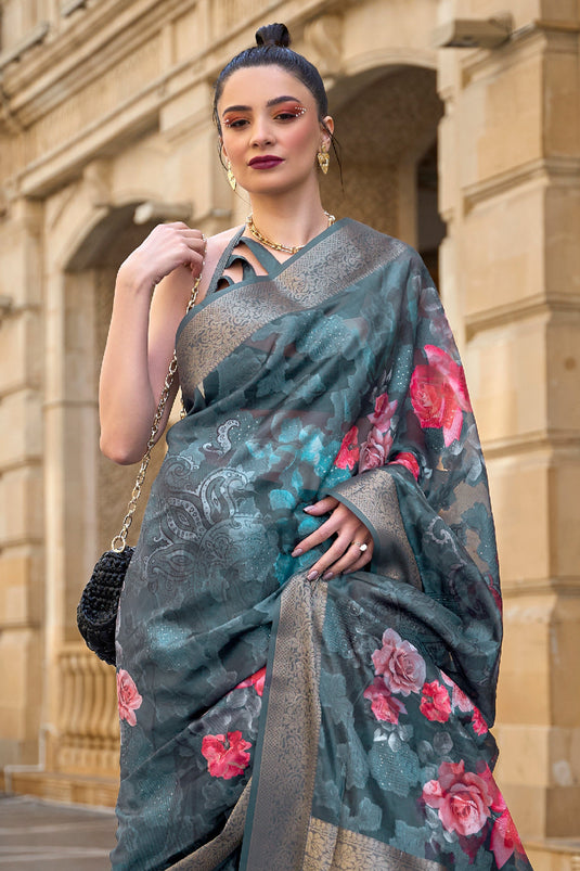 Soothing Printed Work On Teal Color Brasso Fabric Saree