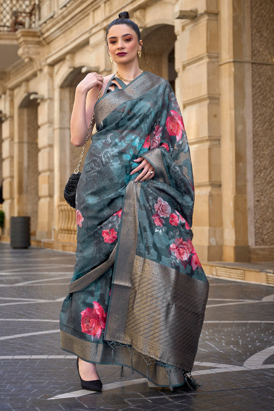 Soothing Printed Work On Teal Color Brasso Fabric Saree
