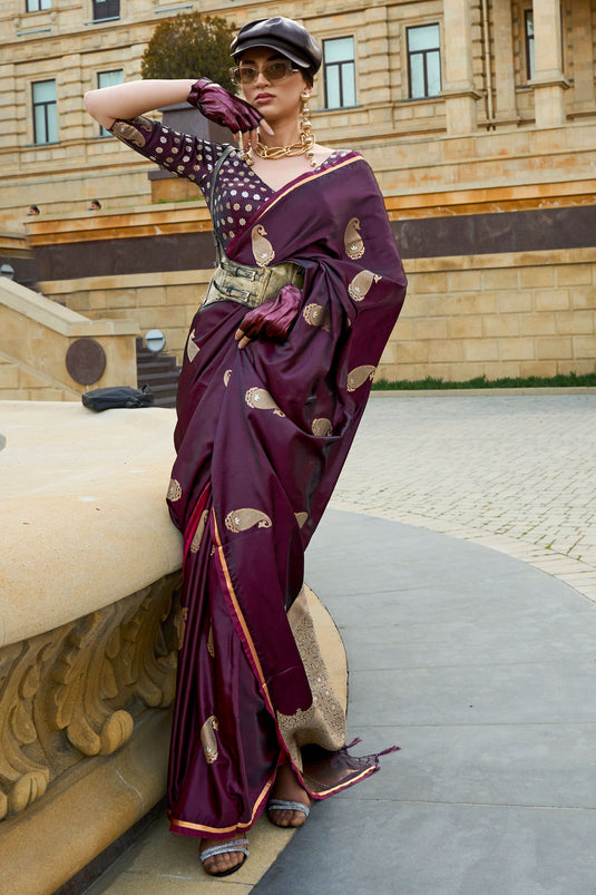 Stylish Weaving Work Satin Fabric Brown Color Saree For Function