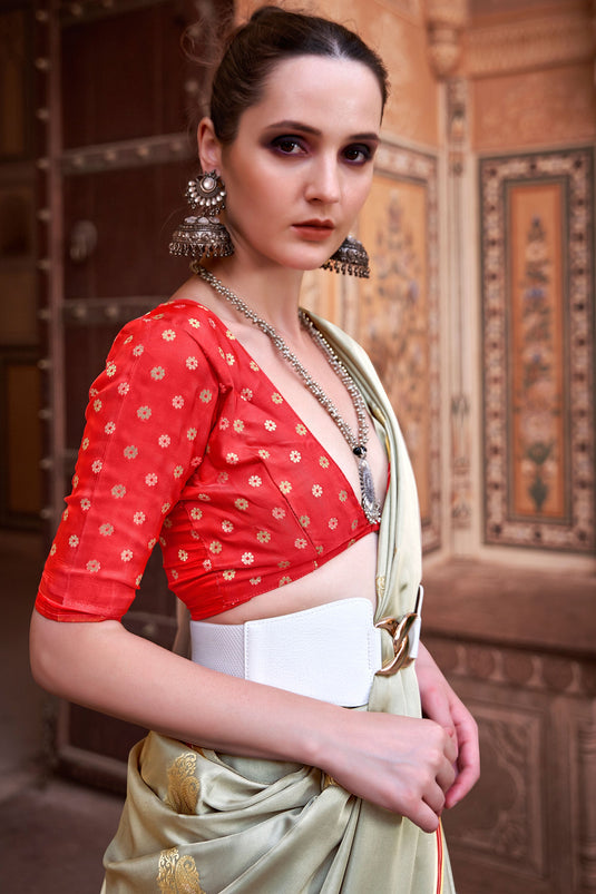 Cream Color Gorgeous Satin Silk Saree With Weaving Work