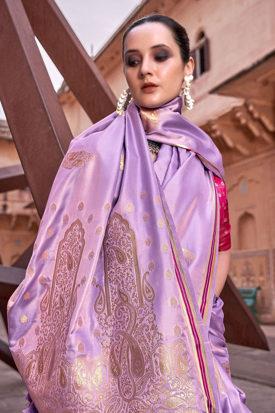 Lavender Color Weaving Work Pleasant Satin Silk Saree