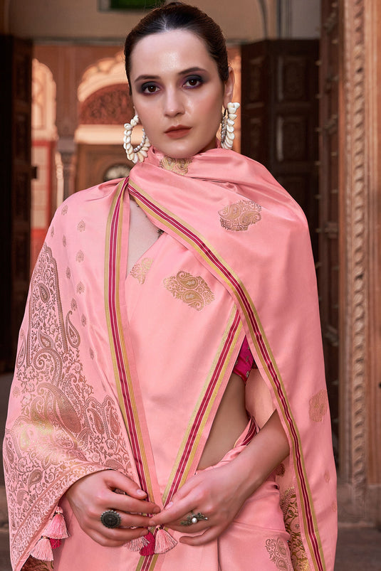 Peach Color Weaving Work Brilliant Satin Silk Saree