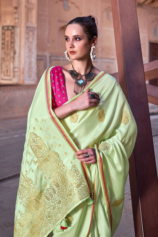 Weaving Work Imposing Satin Silk Saree In Green Color