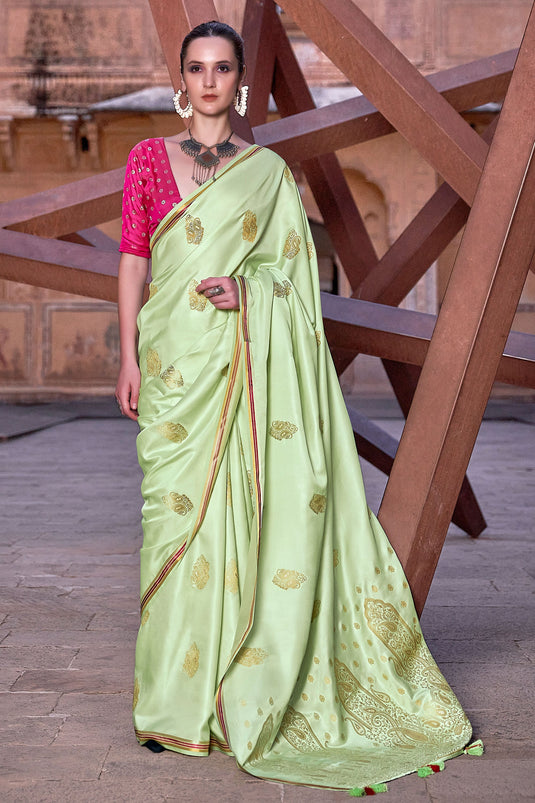 Weaving Work Imposing Satin Silk Saree In Green Color