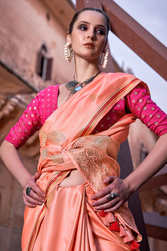 Orange Color Glorious Satin Silk Saree With Weaving Work