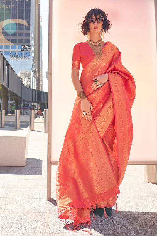 Fabulous Orange Color Handloom Weaving Saree