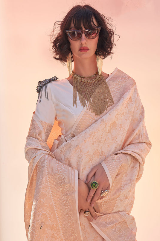 Captivating Cream Color Handloom Weaving Saree
