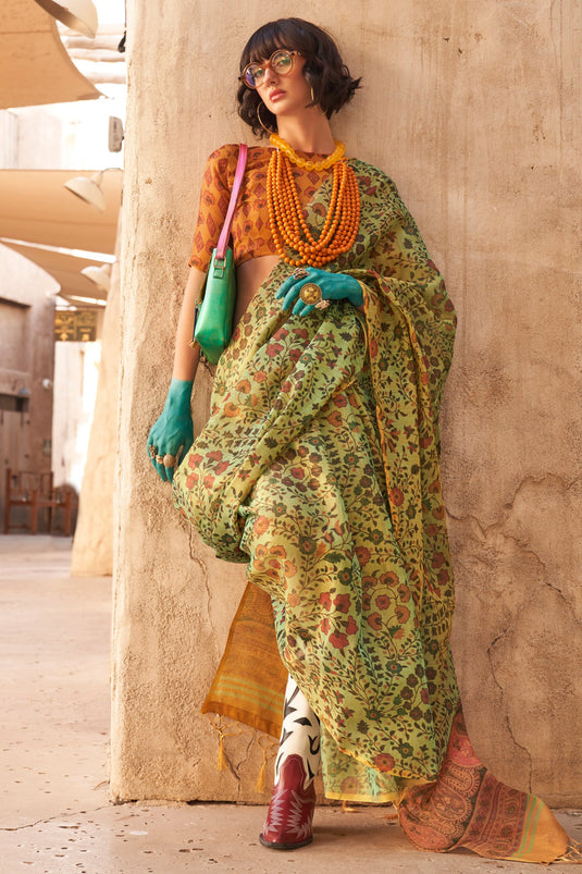 Handwoven Printed Soothing Tissue Fabric Saree In Sea Green Color