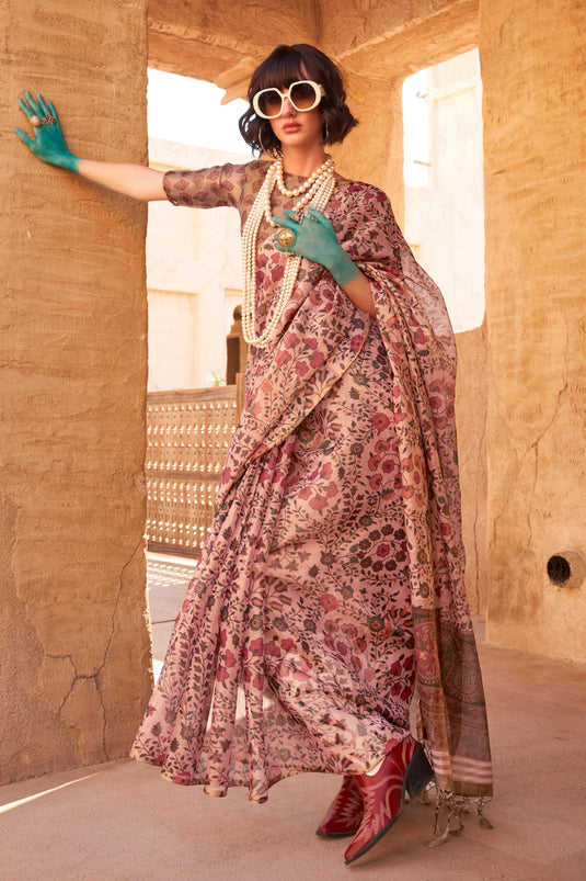 Pink Color Exquisite Handwoven Printed Tissue Fabric Saree