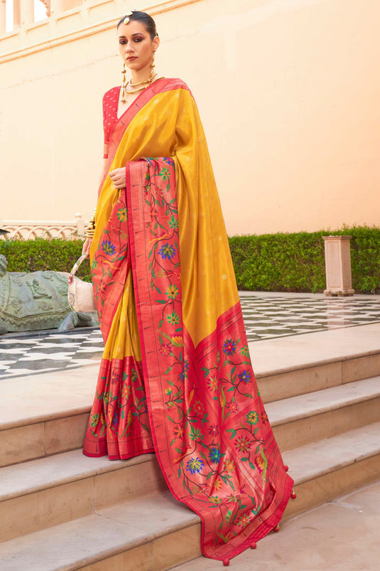 Tempting Art Silk Fabric Yellow Color Saree With Paithini Printed Work