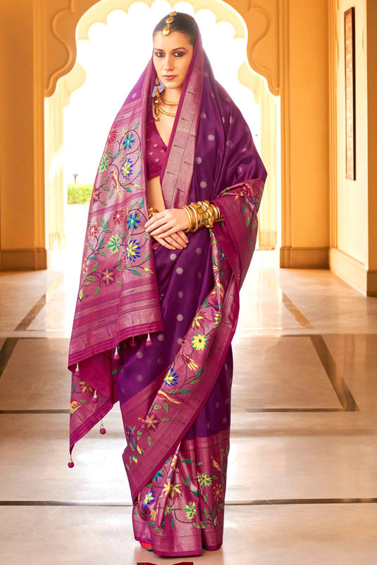 Engaging Purple Color Art Silk Fabric Saree With Paithini Printed Work