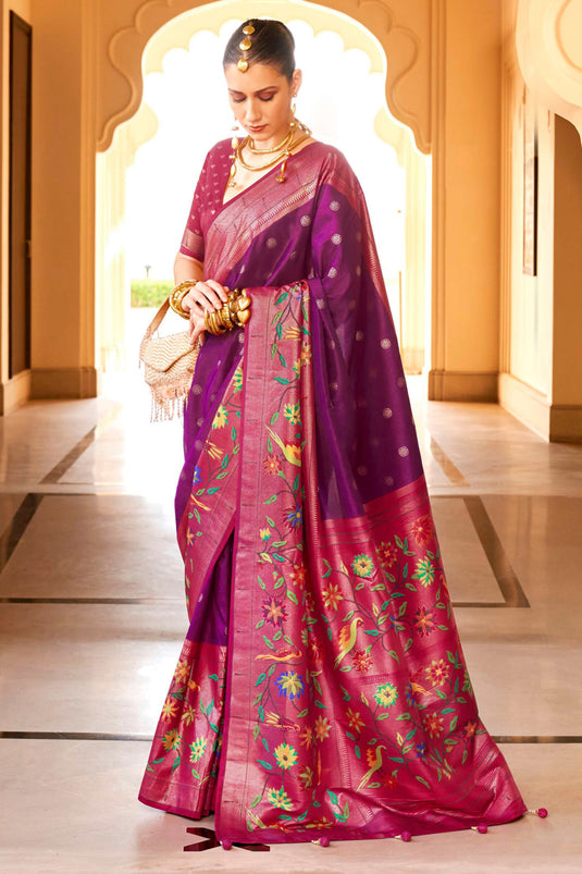 Engaging Purple Color Art Silk Fabric Saree With Paithini Printed Work