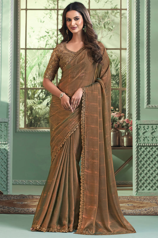 Charming Brown Color Georgette Fabric Saree With Border Work
