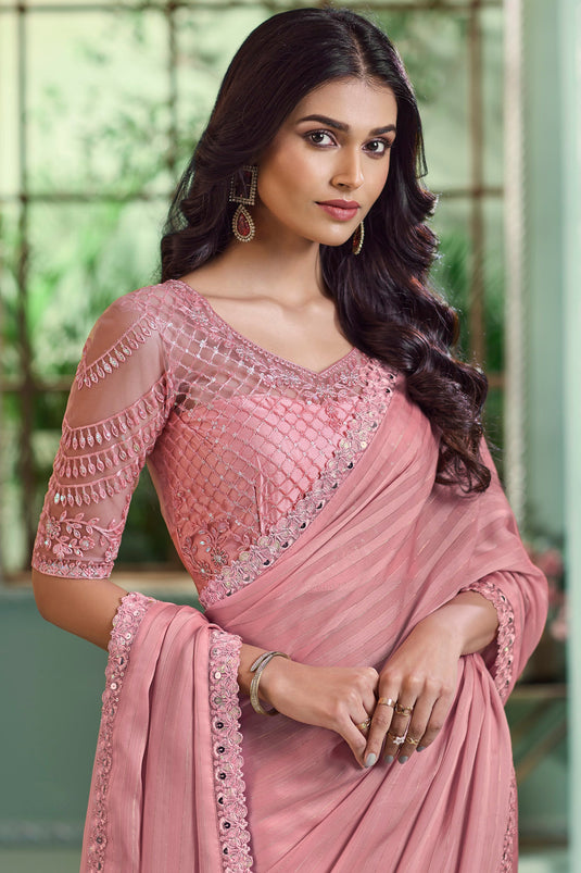 Mesmeric Pink Color Border Work On Saree In Georgette Fabric