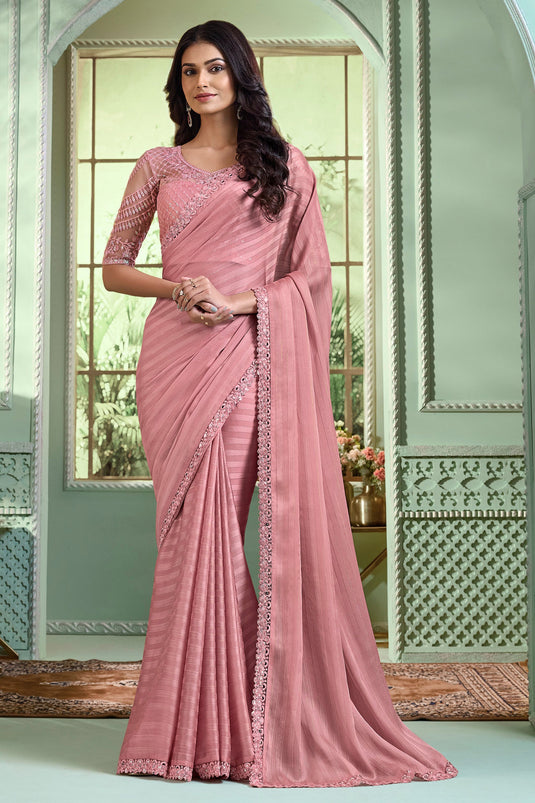 Mesmeric Pink Color Border Work On Saree In Georgette Fabric