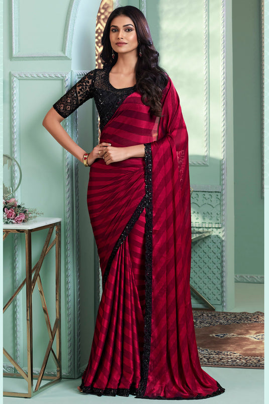 Excellent Satin Silk Fabric Red Color Saree With Border Work