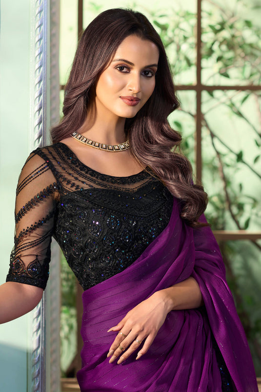 Georgette Fabric Purple Color Saree With Winsome Border Work