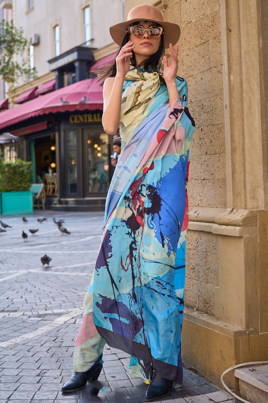 Multi Color Printed Work On Crepe Fabric Chic Casual Saree