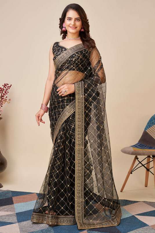 Net Fabric Black Color Pleasance Saree With Sequins Work