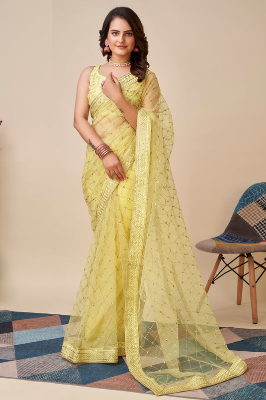 Net Fabric Yellow Color Riveting Saree With Sequins Work