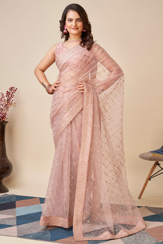 Net Fabric Pink Color Excellent Saree With Sequins Work