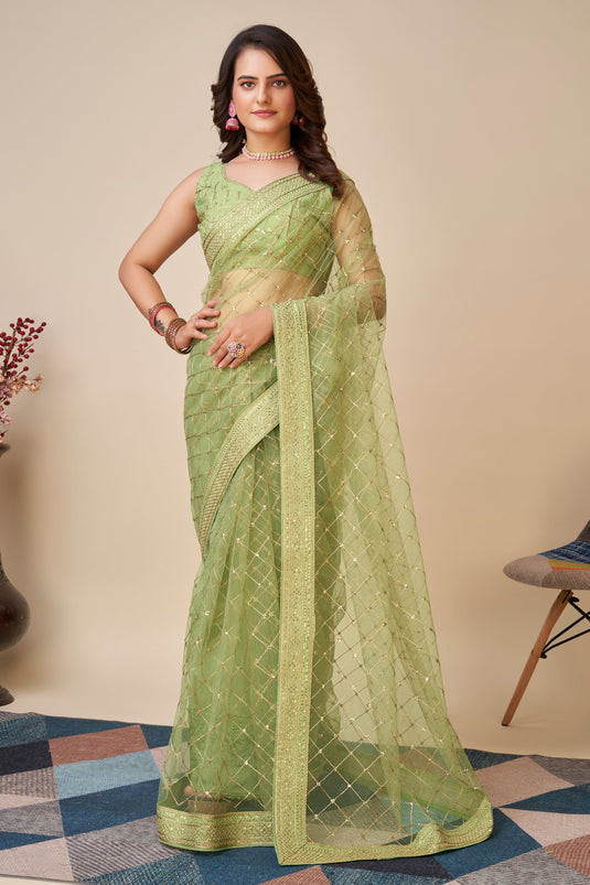 Sea Green Color Net Fabric Special Saree With Sequins Work