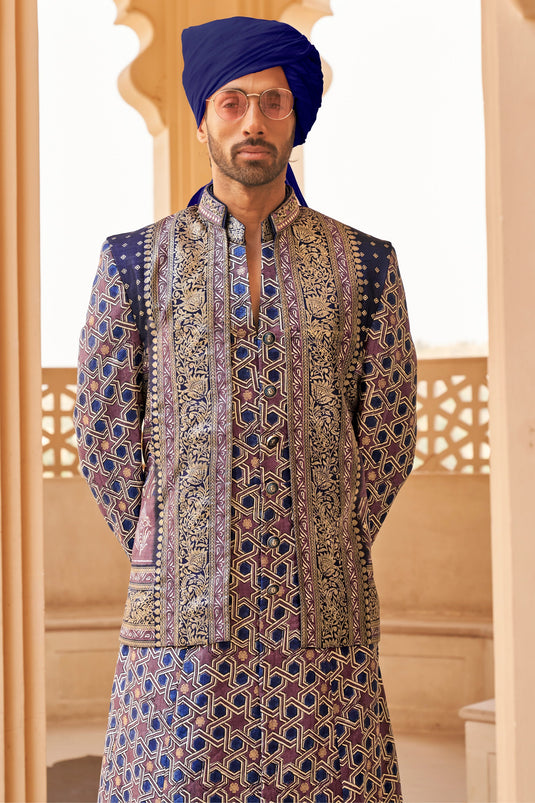 Dazzling Foil Printed Work On Navy Blue Color Indo Western For Men In Art Silk Fabric