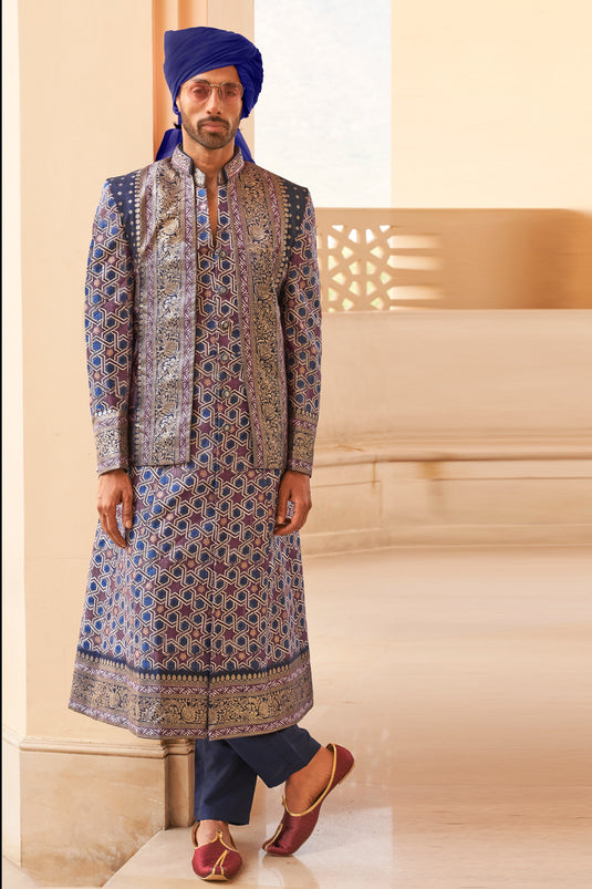 Dazzling Foil Printed Work On Navy Blue Color Indo Western For Men In Art Silk Fabric