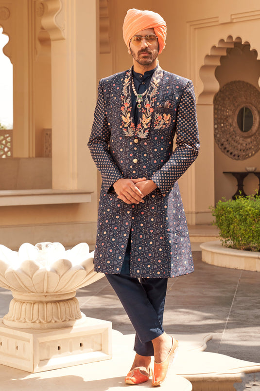 Mesmeric Navy Blue Color Patola Printed Work On Indo Western For Men In Art Silk Fabric