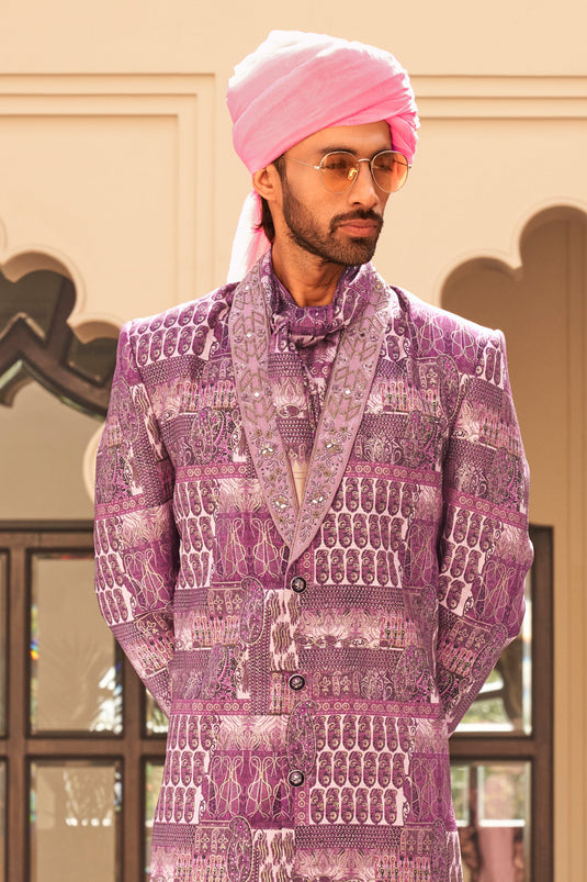 Radiant Patola Printed Work On Purple Color Art Silk Fabric Indo Western For Men
