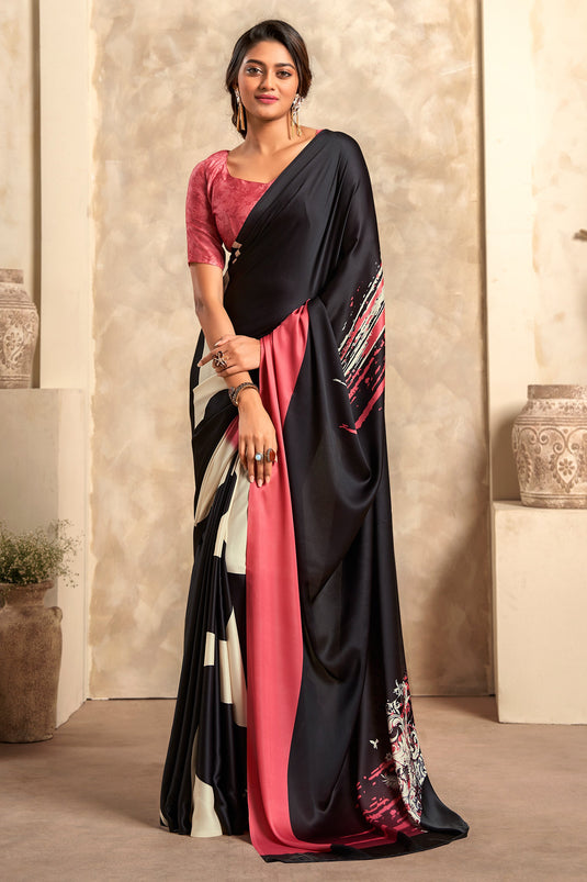 Trendy Black Color Casual Wear Printed Satin Fabric Saree