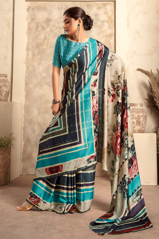 Casual Look Imposing Printed Satin Fabric Saree In Multi Color