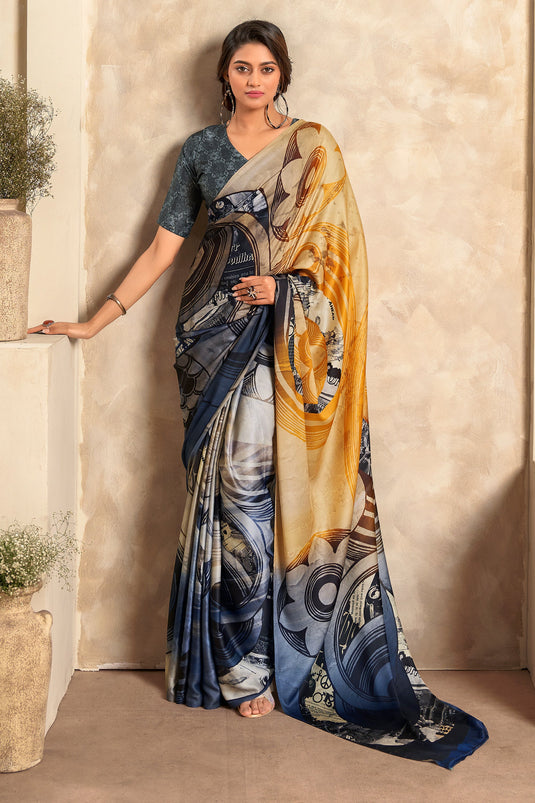 Casual Look Soothing Printed Satin Fabric Saree In Multi Color