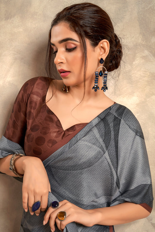 Casual Wear Attractive Printed Satin Fabric Saree In Grey Color