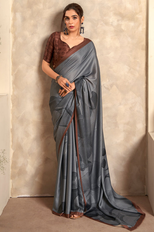 Casual Wear Attractive Printed Satin Fabric Saree In Grey Color