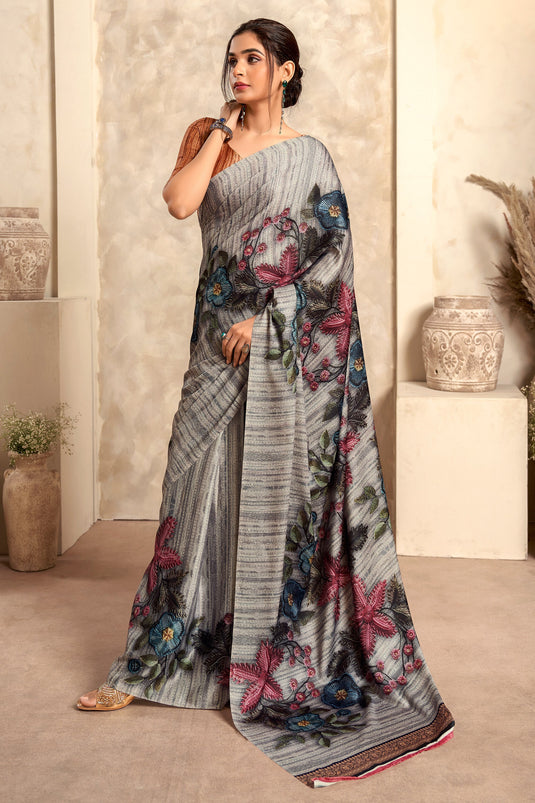 Alluring Multi Color Casual Wear Printed Satin Fabric Saree